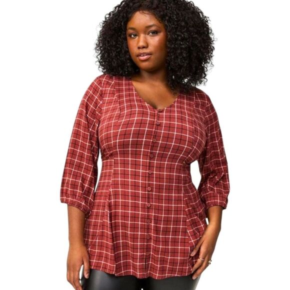 TORRID FIT & FLARE Red & Black Plaid Rayon Slub Button- Up Shirt Size 3X - Picture 1 of 14